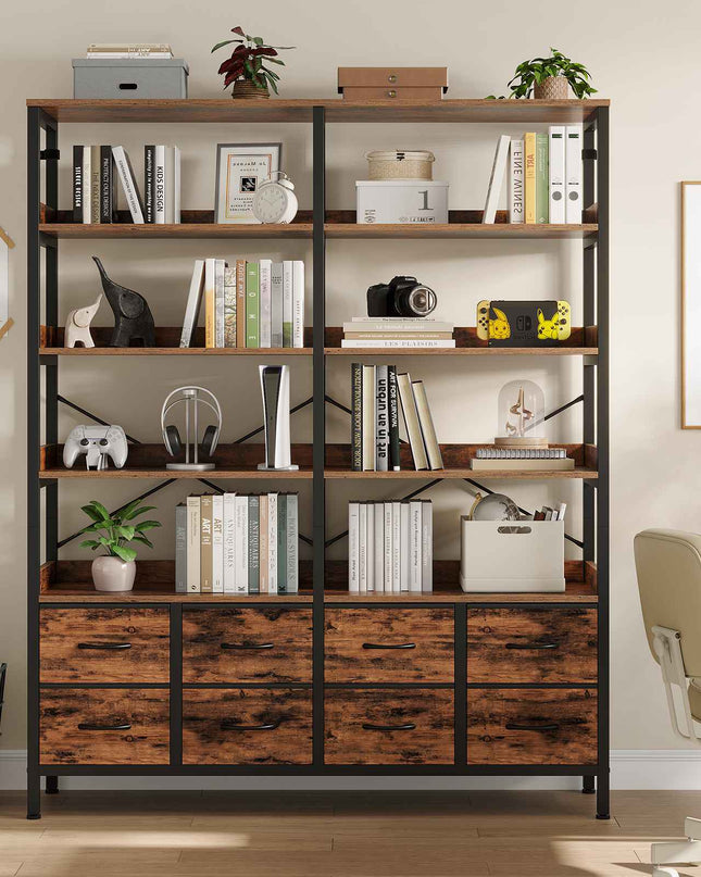 Tarpon Furniture Bookshelf with 8 Fabric Drawers  Industrial Book Shelf 7-Tier Bookcase with Baffles Shelves for Living Room Home Office