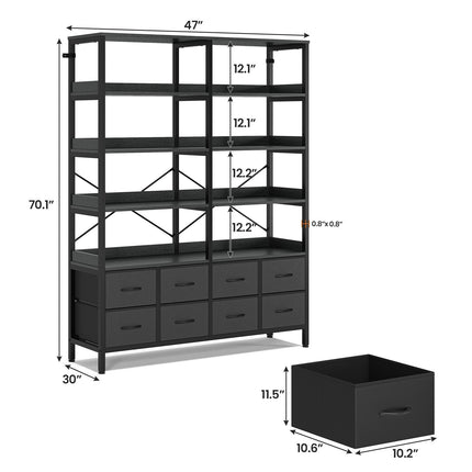 Tarpon Furniture Bookshelf with 8 Fabric Drawers  Industrial Book Shelf 7-Tier Bookcase with Baffles Shelves for Living Room Home Office