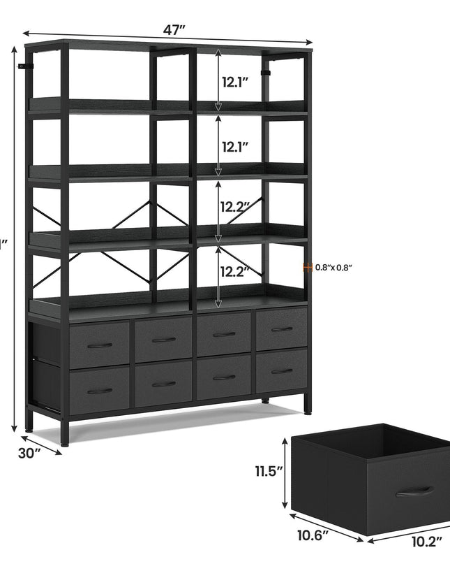 Tarpon Furniture Bookshelf with 8 Fabric Drawers  Industrial Book Shelf 7-Tier Bookcase with Baffles Shelves for Living Room Home Office