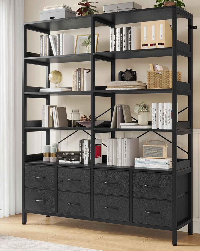 Tarpon Furniture Bookshelf with 8 Fabric Drawers  Industrial Book Shelf 7-Tier Bookcase with Baffles Shelves for Living Room Home Office