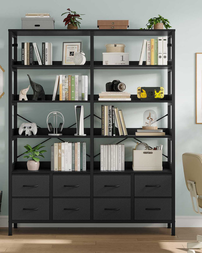 Tarpon Furniture Bookshelf with 8 Fabric Drawers  Industrial Book Shelf 7-Tier Bookcase with Baffles Shelves for Living Room Home Office
