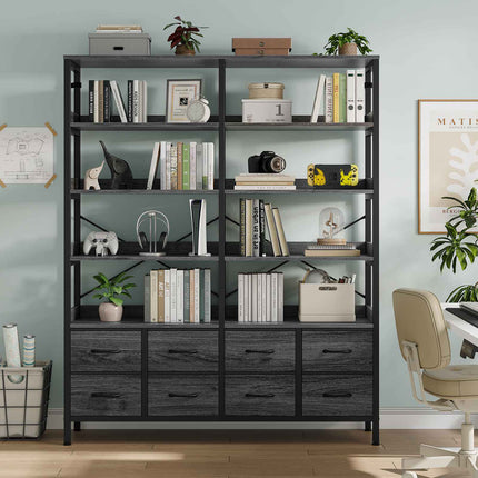 Tarpon Furniture Bookshelf with 8 Fabric Drawers  Industrial Book Shelf 7-Tier Bookcase with Baffles Shelves for Living Room Home Office