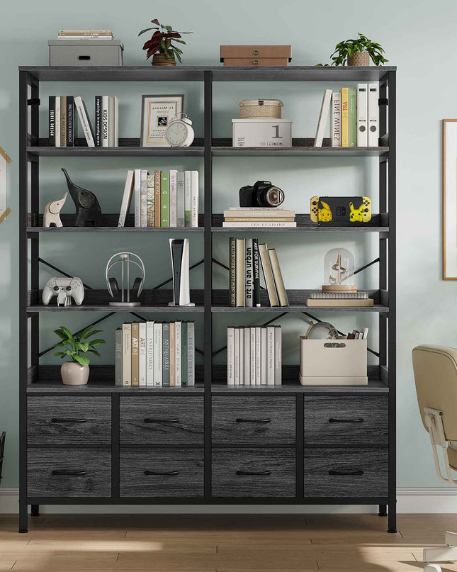 Tarpon Furniture Bookshelf with 8 Fabric Drawers  Industrial Book Shelf 7-Tier Bookcase with Baffles Shelves for Living Room Home Office