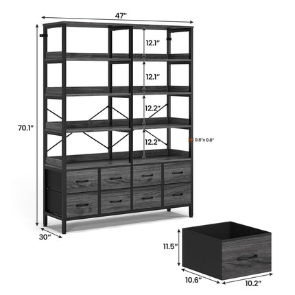 Tarpon Furniture Bookshelf with 8 Fabric Drawers  Industrial Book Shelf 7-Tier Bookcase with Baffles Shelves for Living Room Home Office