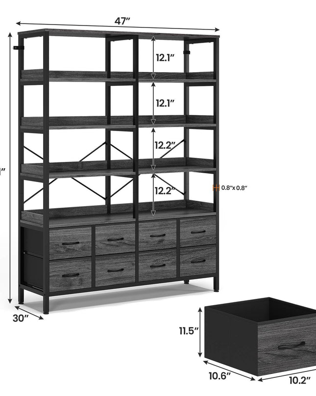 Tarpon Furniture Bookshelf with 8 Fabric Drawers  Industrial Book Shelf 7-Tier Bookcase with Baffles Shelves for Living Room Home Office