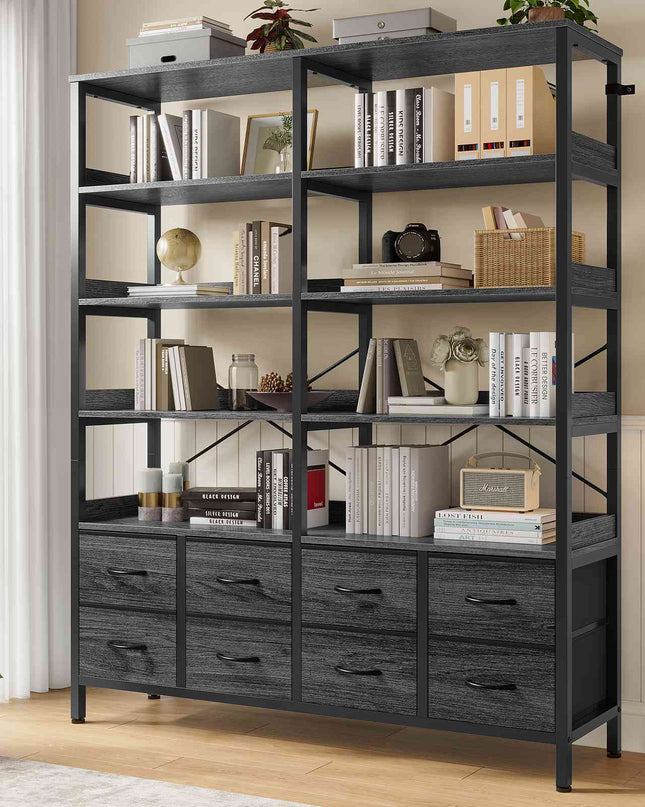 Tarpon Furniture Bookshelf with 8 Fabric Drawers  Industrial Book Shelf 7-Tier Bookcase with Baffles Shelves for Living Room Home Office