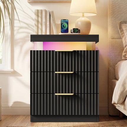 Tarpon Furniture 26.9 Inch Tall Nightstand with Hidden Charging Station and 3 Drawer Fluted Wood Side Table with LED Smart for Bedroom