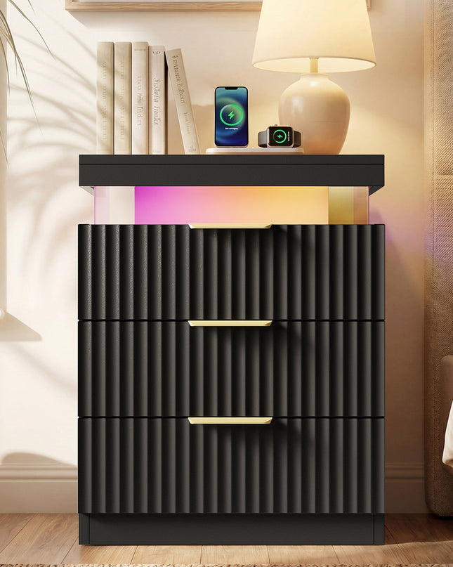 Tarpon Furniture 26.9 Inch Tall Nightstand with Hidden Charging Station and 3 Drawer Fluted Wood Side Table with LED Smart for Bedroom