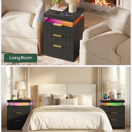 Tarpon Furniture 26.9 Inch Tall Nightstand with Hidden Charging Station and 3 Drawer Fluted Wood Side Table with LED Smart for Bedroom