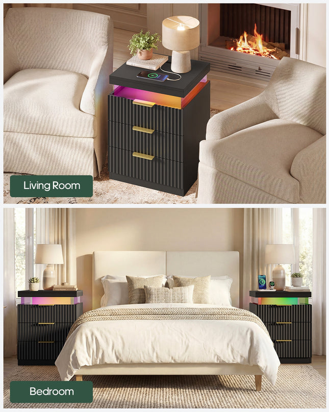 Tarpon Furniture 26.9 Inch Tall Nightstand with Hidden Charging Station and 3 Drawer Fluted Wood Side Table with LED Smart for Bedroom