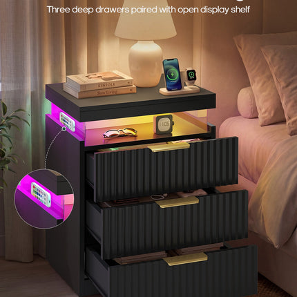 Tarpon Furniture 26.9 Inch Tall Nightstand with Hidden Charging Station and 3 Drawer Fluted Wood Side Table with LED Smart for Bedroom