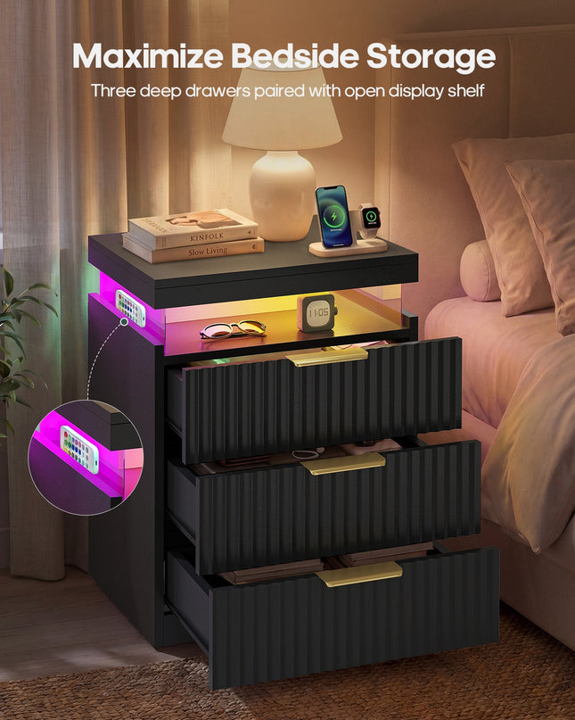 Tarpon Furniture 26.9 Inch Tall Nightstand with Hidden Charging Station and 3 Drawer Fluted Wood Side Table with LED Smart for Bedroom