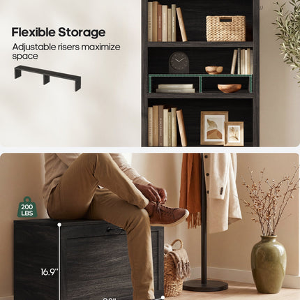Tarpon Furniture 76.6 inch tall Arched Bookshelf with Moveable Storage Bench and 5-Tier Wood Bookcase Multi-Functional Display Cabinet with Storage for Living Room Entryway