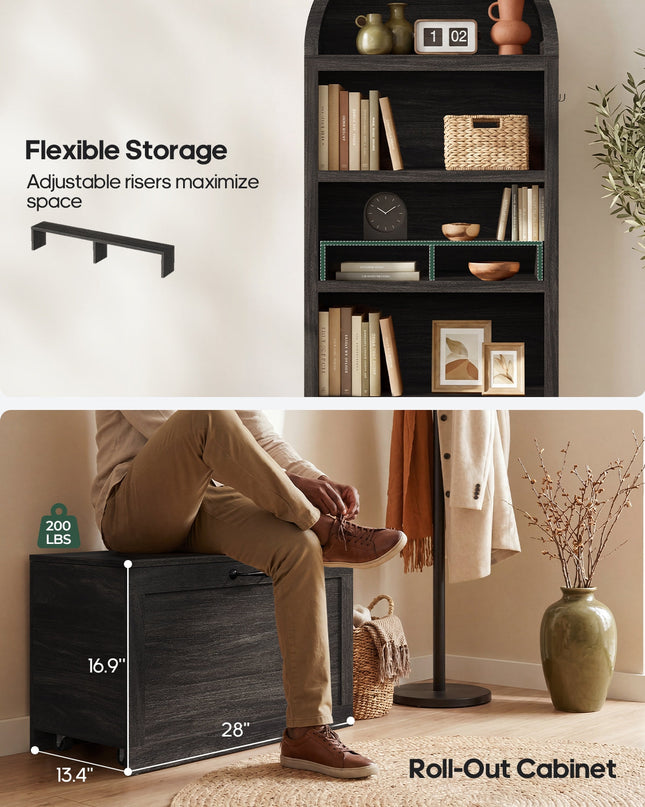 Tarpon Furniture 76.6 inch tall Arched Bookshelf with Moveable Storage Bench and 5-Tier Wood Bookcase Multi-Functional Display Cabinet with Storage for Living Room Entryway