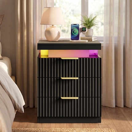 Tarpon Furniture 26.9 Inch Tall Nightstand with Hidden Charging Station and 3 Drawer Fluted Wood Side Table with LED Smart for Bedroom