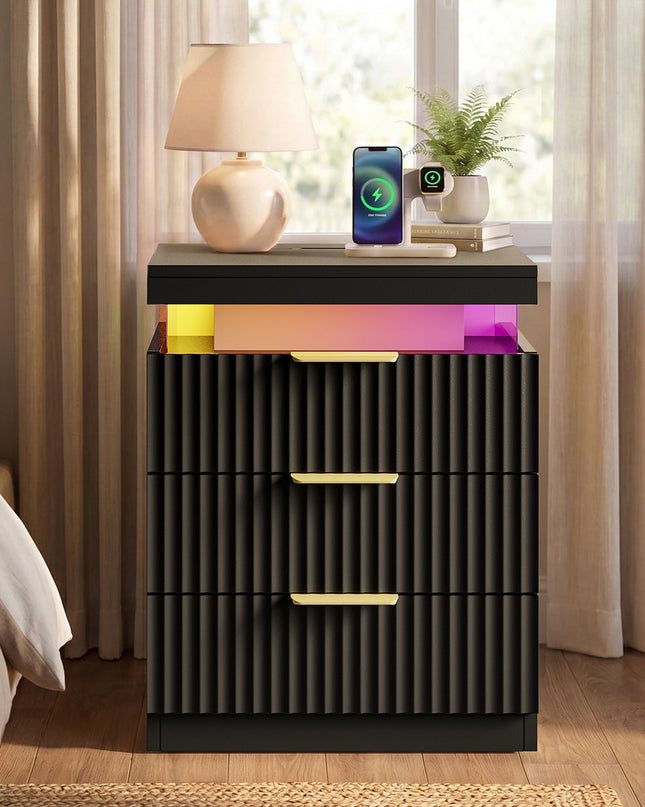 Tarpon Furniture 26.9 Inch Tall Nightstand with Hidden Charging Station and 3 Drawer Fluted Wood Side Table with LED Smart for Bedroom