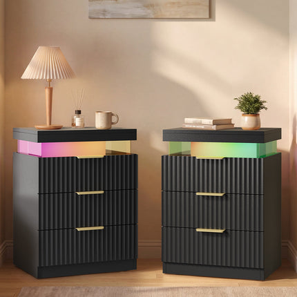 Tarpon Furniture 26.9 Inch Tall Nightstand with Hidden Charging Station and 3 Drawer Fluted Wood Side Table with LED Smart for Bedroom
