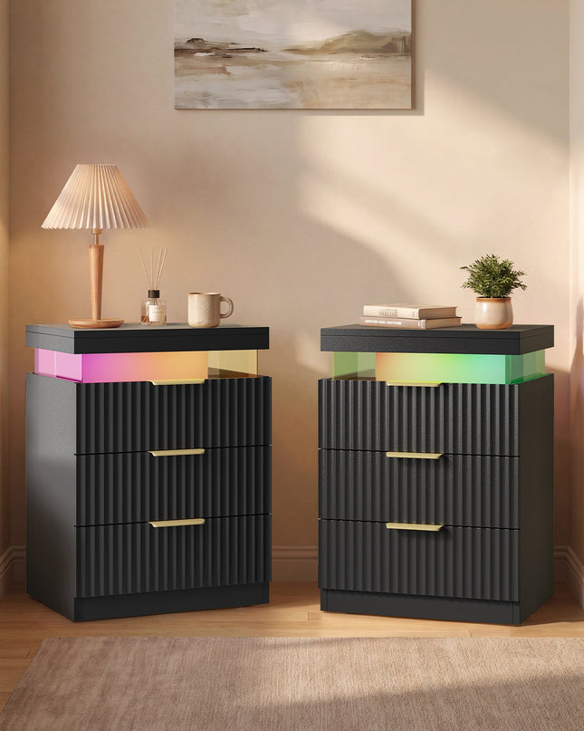 Tarpon Furniture 26.9 Inch Tall Nightstand with Hidden Charging Station and 3 Drawer Fluted Wood Side Table with LED Smart for Bedroom