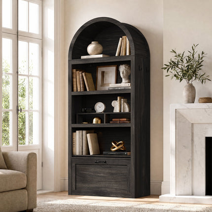 Tarpon Furniture 76.6 inch tall Arched Bookshelf with Moveable Storage Bench and 5-Tier Wood Bookcase Multi-Functional Display Cabinet with Storage for Living Room Entryway