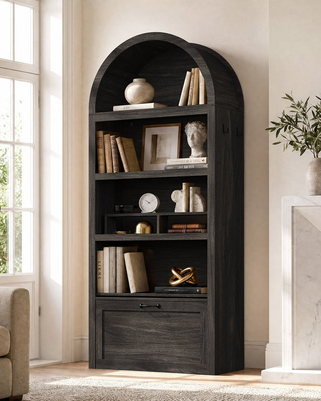 Tarpon Furniture 76.6 inch tall Arched Bookshelf with Moveable Storage Bench and 5-Tier Wood Bookcase Multi-Functional Display Cabinet with Storage for Living Room Entryway