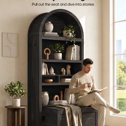 Tarpon Furniture 76.6 inch tall Arched Bookshelf with Moveable Storage Bench and 5-Tier Wood Bookcase Multi-Functional Display Cabinet with Storage for Living Room Entryway