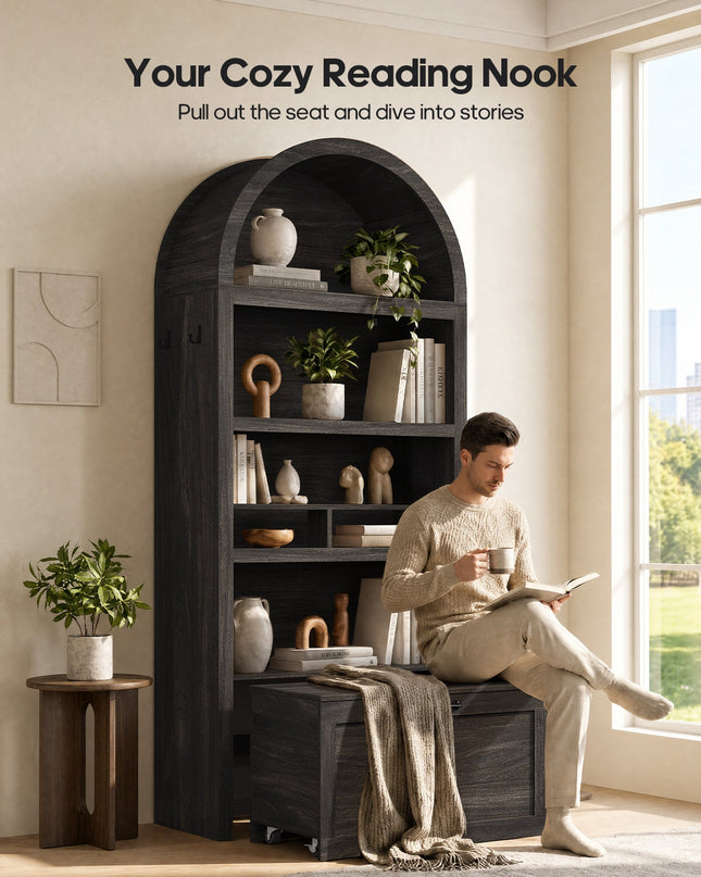 Tarpon Furniture 76.6 inch tall Arched Bookshelf with Moveable Storage Bench and 5-Tier Wood Bookcase Multi-Functional Display Cabinet with Storage for Living Room Entryway