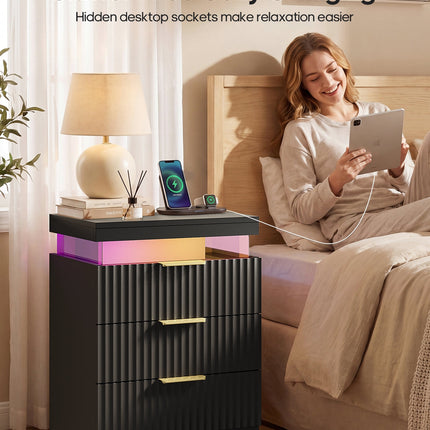 Tarpon Furniture 26.9 Inch Tall Nightstand with Hidden Charging Station and 3 Drawer Fluted Wood Side Table with LED Smart for Bedroom