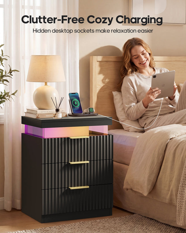 Tarpon Furniture 26.9 Inch Tall Nightstand with Hidden Charging Station and 3 Drawer Fluted Wood Side Table with LED Smart for Bedroom
