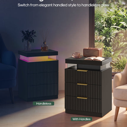 Tarpon Furniture 26.9 Inch Tall Nightstand with Hidden Charging Station and 3 Drawer Fluted Wood Side Table with LED Smart for Bedroom