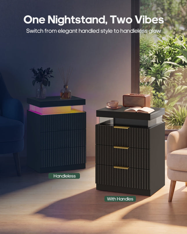 Tarpon Furniture 26.9 Inch Tall Nightstand with Hidden Charging Station and 3 Drawer Fluted Wood Side Table with LED Smart for Bedroom