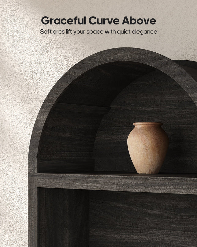 Tarpon Furniture 76.6 inch tall Arched Bookshelf with Moveable Storage Bench and 5-Tier Wood Bookcase Multi-Functional Display Cabinet with Storage for Living Room Entryway