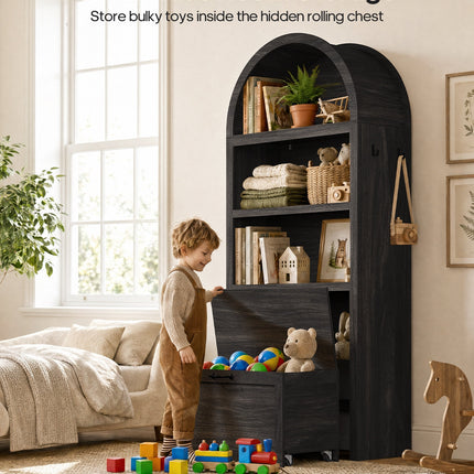 Tarpon Furniture 76.6 inch tall Arched Bookshelf with Moveable Storage Bench and 5-Tier Wood Bookcase Multi-Functional Display Cabinet with Storage for Living Room Entryway