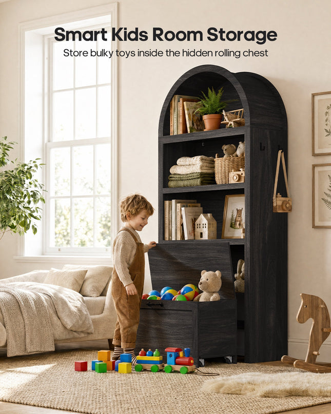 Tarpon Furniture 76.6 inch tall Arched Bookshelf with Moveable Storage Bench and 5-Tier Wood Bookcase Multi-Functional Display Cabinet with Storage for Living Room Entryway