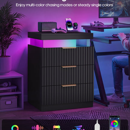 Tarpon Furniture 26.9 Inch Tall Nightstand with Hidden Charging Station and 3 Drawer Fluted Wood Side Table with LED Smart for Bedroom