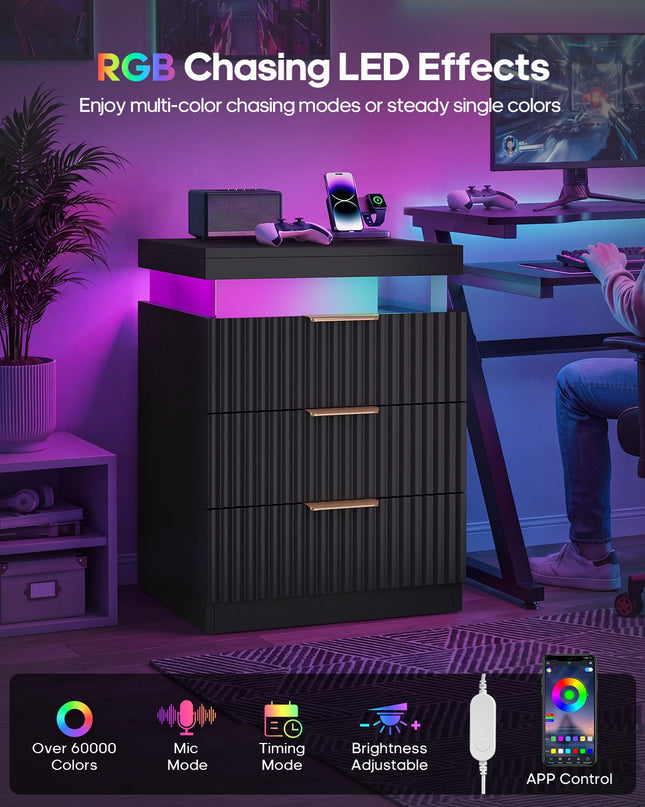 Tarpon Furniture 26.9 Inch Tall Nightstand with Hidden Charging Station and 3 Drawer Fluted Wood Side Table with LED Smart for Bedroom