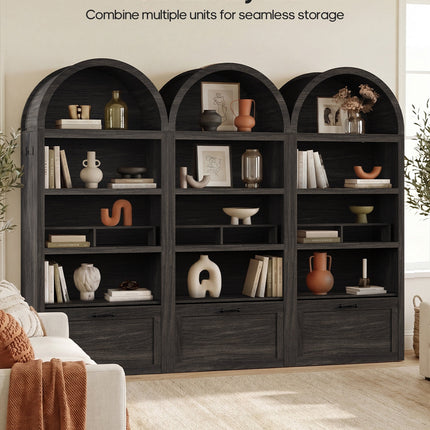 Tarpon Furniture 76.6 inch tall Arched Bookshelf with Moveable Storage Bench and 5-Tier Wood Bookcase Multi-Functional Display Cabinet with Storage for Living Room Entryway