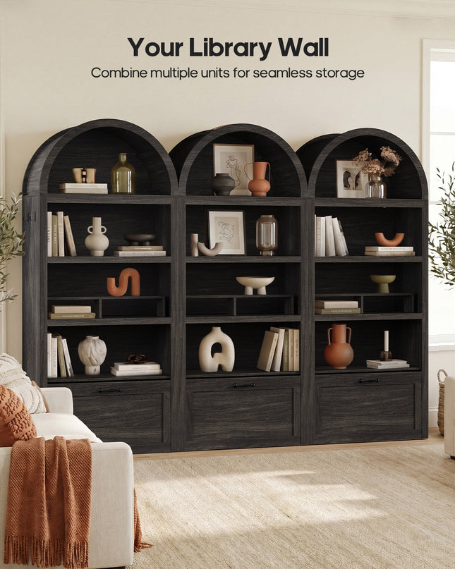 Tarpon Furniture 76.6 inch tall Arched Bookshelf with Moveable Storage Bench and 5-Tier Wood Bookcase Multi-Functional Display Cabinet with Storage for Living Room Entryway