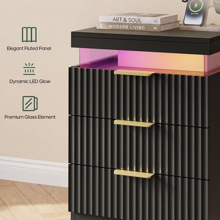 Tarpon Furniture 26.9 Inch Tall Nightstand with Hidden Charging Station and 3 Drawer Fluted Wood Side Table with LED Smart for Bedroom