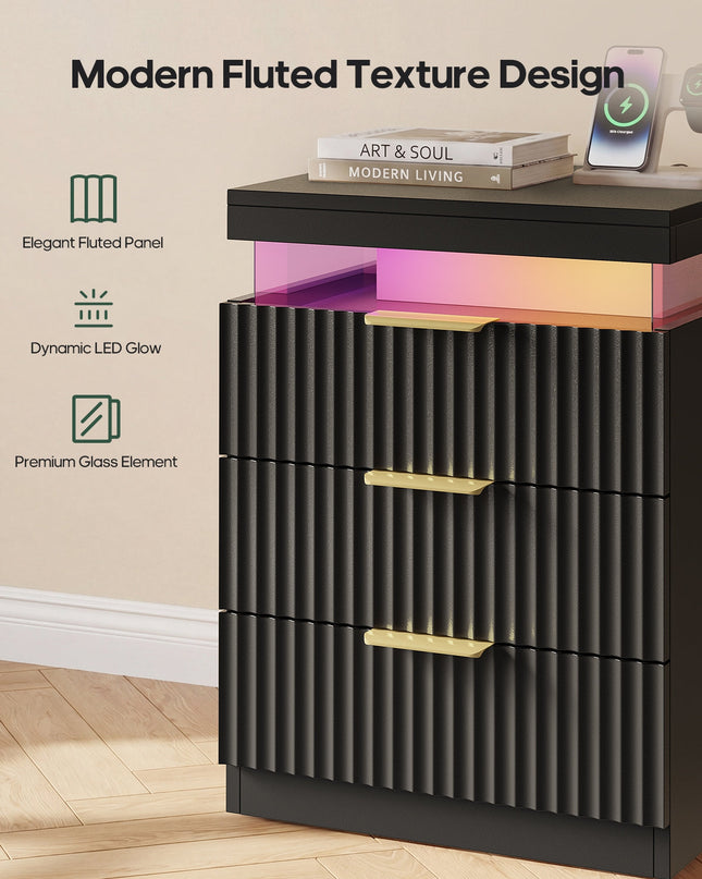 Tarpon Furniture 26.9 Inch Tall Nightstand with Hidden Charging Station and 3 Drawer Fluted Wood Side Table with LED Smart for Bedroom