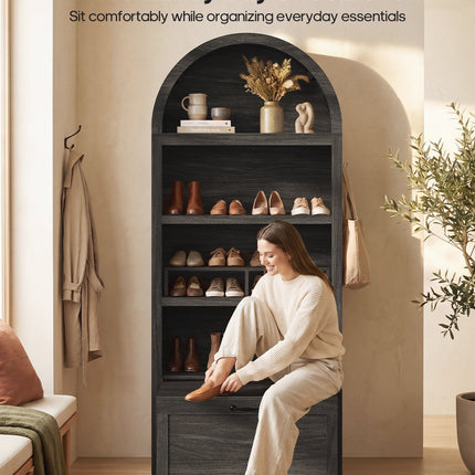 Tarpon Furniture 76.6 inch tall Arched Bookshelf with Moveable Storage Bench and 5-Tier Wood Bookcase Multi-Functional Display Cabinet with Storage for Living Room Entryway