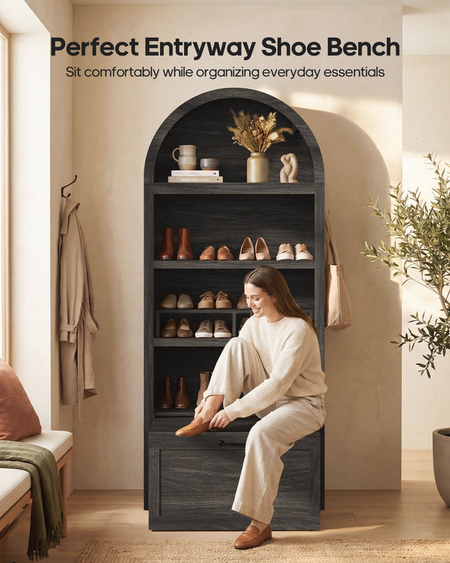 Tarpon Furniture 76.6 inch tall Arched Bookshelf with Moveable Storage Bench and 5-Tier Wood Bookcase Multi-Functional Display Cabinet with Storage for Living Room Entryway