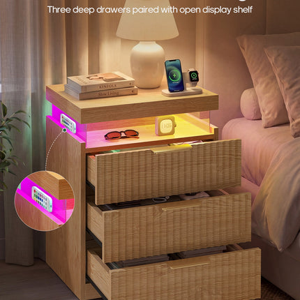 Tarpon Furniture 26.9 Inch Tall Nightstand with Hidden Charging Station and 3 Drawer Fluted Wood Side Table with LED Smart for Bedroom