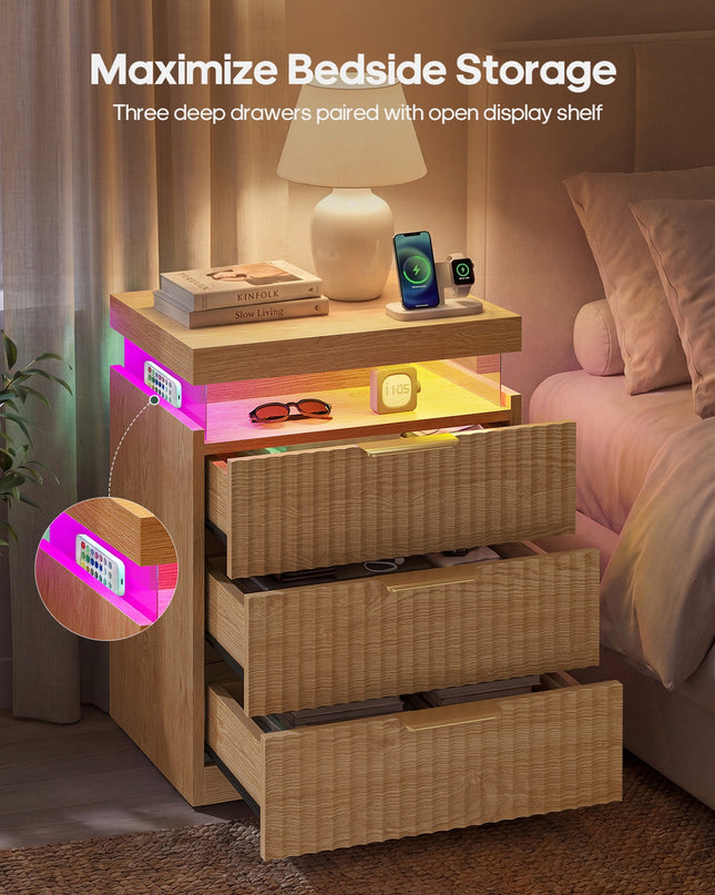 Tarpon Furniture 26.9 Inch Tall Nightstand with Hidden Charging Station and 3 Drawer Fluted Wood Side Table with LED Smart for Bedroom