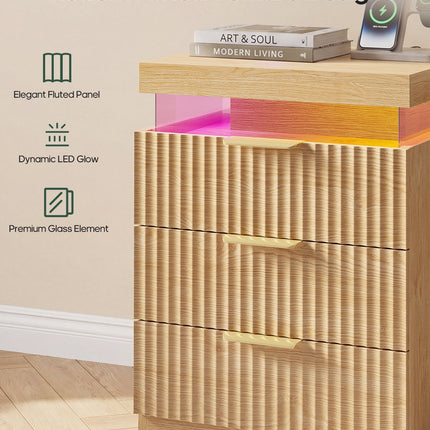 Tarpon Furniture 26.9 Inch Tall Nightstand with Hidden Charging Station and 3 Drawer Fluted Wood Side Table with LED Smart for Bedroom