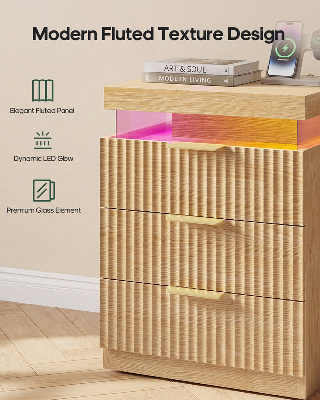 Tarpon Furniture 26.9 Inch Tall Nightstand with Hidden Charging Station and 3 Drawer Fluted Wood Side Table with LED Smart for Bedroom