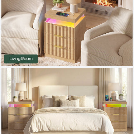 Tarpon Furniture 26.9 Inch Tall Nightstand with Hidden Charging Station and 3 Drawer Fluted Wood Side Table with LED Smart for Bedroom