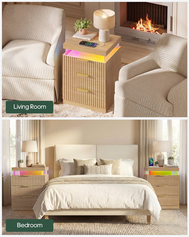 Tarpon Furniture 26.9 Inch Tall Nightstand with Hidden Charging Station and 3 Drawer Fluted Wood Side Table with LED Smart for Bedroom