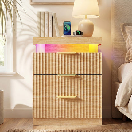 Tarpon Furniture 26.9 Inch Tall Nightstand with Hidden Charging Station and 3 Drawer Fluted Wood Side Table with LED Smart for Bedroom