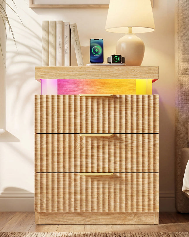 Tarpon Furniture 26.9 Inch Tall Nightstand with Hidden Charging Station and 3 Drawer Fluted Wood Side Table with LED Smart for Bedroom