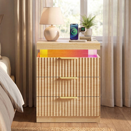 Tarpon Furniture 26.9 Inch Tall Nightstand with Hidden Charging Station and 3 Drawer Fluted Wood Side Table with LED Smart for Bedroom